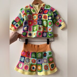 Baby’s Handmade Vintage crochet granny square sweater + shorts matching set
